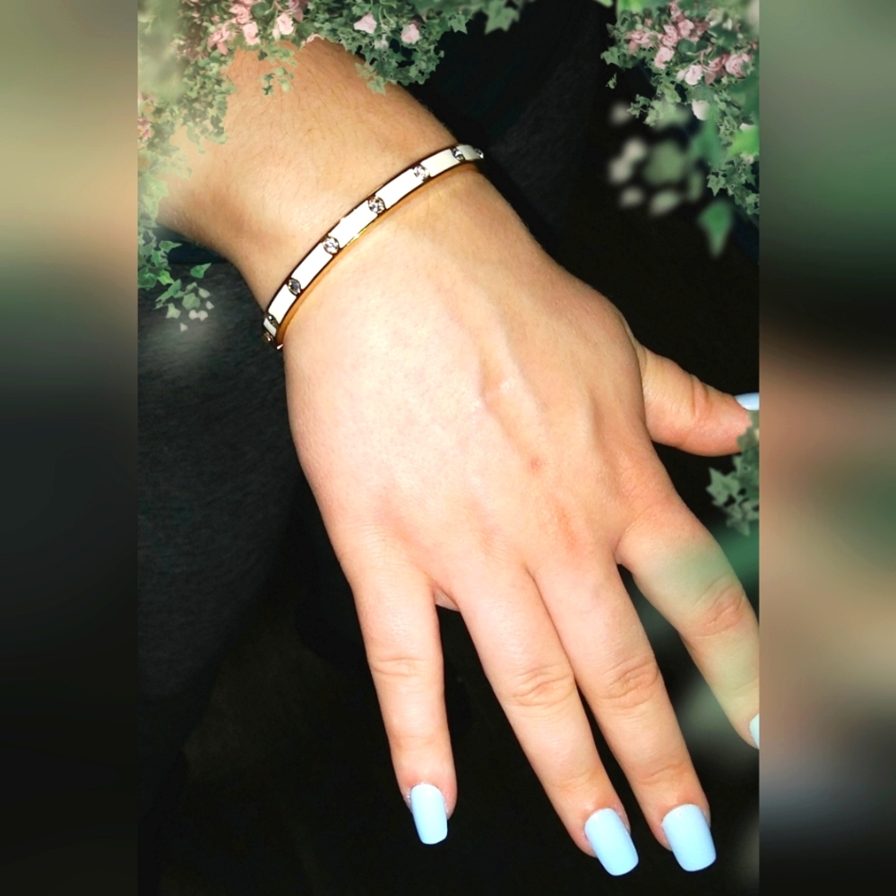 Kate Spade White Enamel, Gold, Swarovski Crystals  Hinged Closure Bracel…